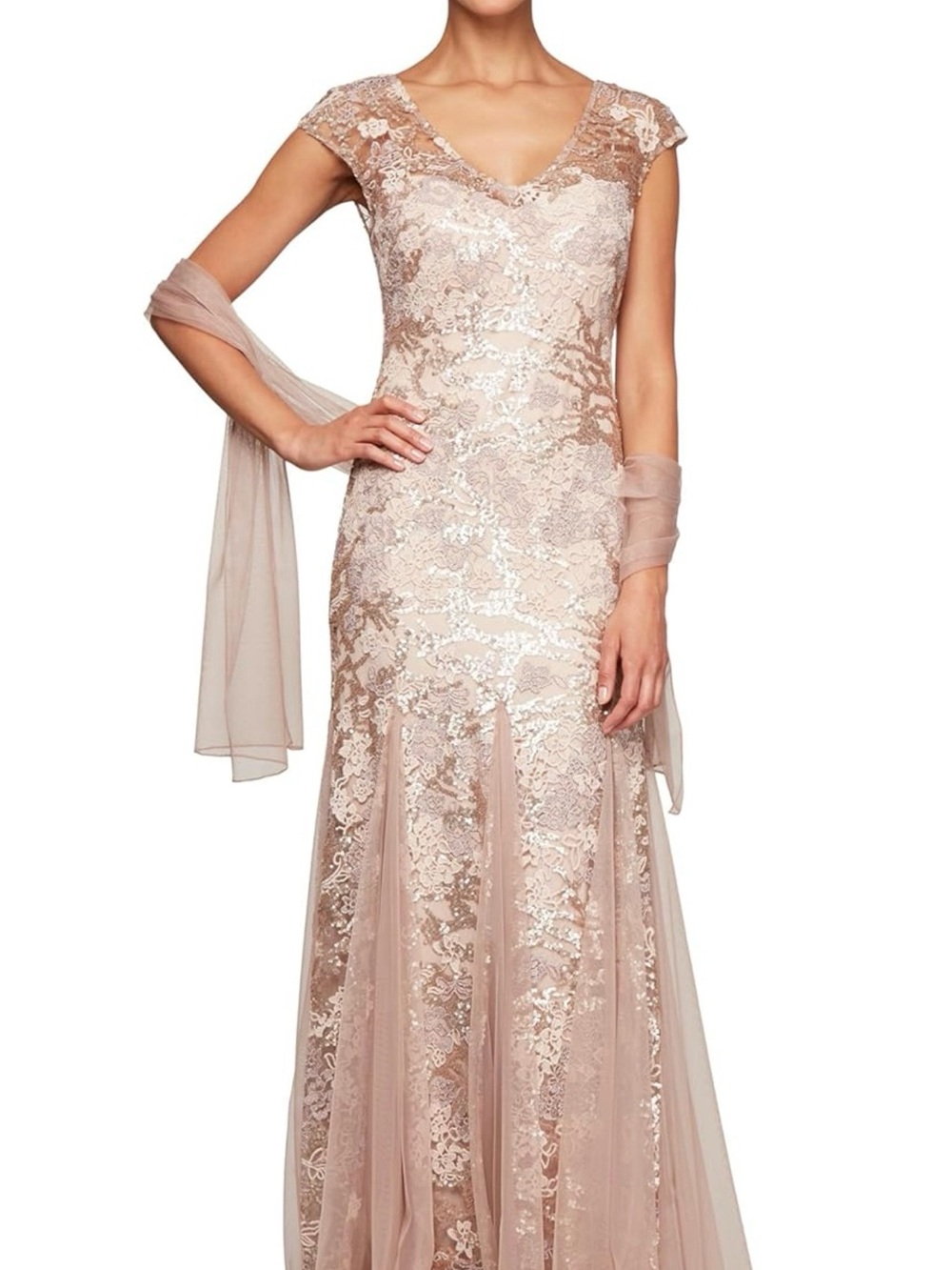 Alex Evenings Rose Gold Lace Sequin V-Neck Maxi Gown with Shawl